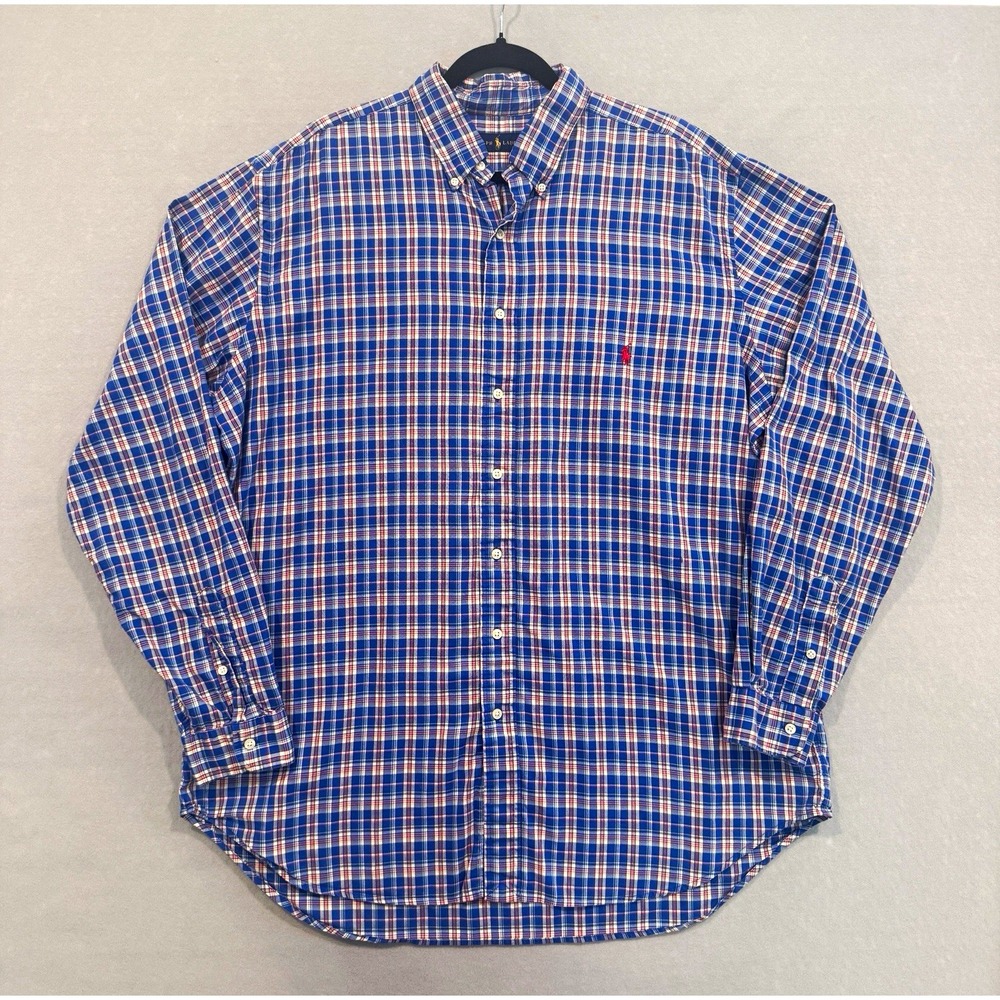 Ralph Lauren Mens Woven Cotton Plaid Button-Down Shirt Blue Red White XLT Tall